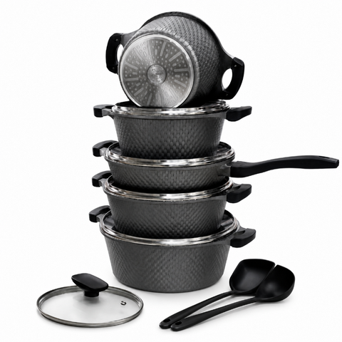 OSFE 12 PCS Aluminum Nonstick Granite Cookware Set (32, 28, 24, 20 cm Pots, 28 cm Pan with 2 Pcs of Utensil Tools) - Grey