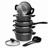 OSFE 12 PCS Aluminum Nonstick Granite Cookware Set (32, 28, 24, 20 cm Pots, 28 cm Pan with 2 Pcs of Utensil Tools) - Grey