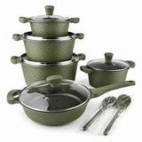 OSFE 12 PCS Aluminum Nonstick Granite Cookware Set (32, 28, 24, 20 cm Pots, 28 cm Pan with 2 Pcs of Utensil Tools) - Green