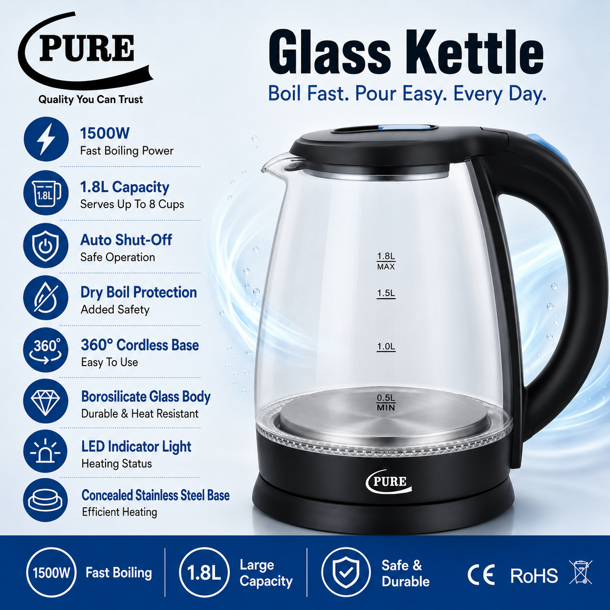 PURE Borosilicate Glass Electric Kettle with Auto Shut-Off – 1.8 L, 1500 W