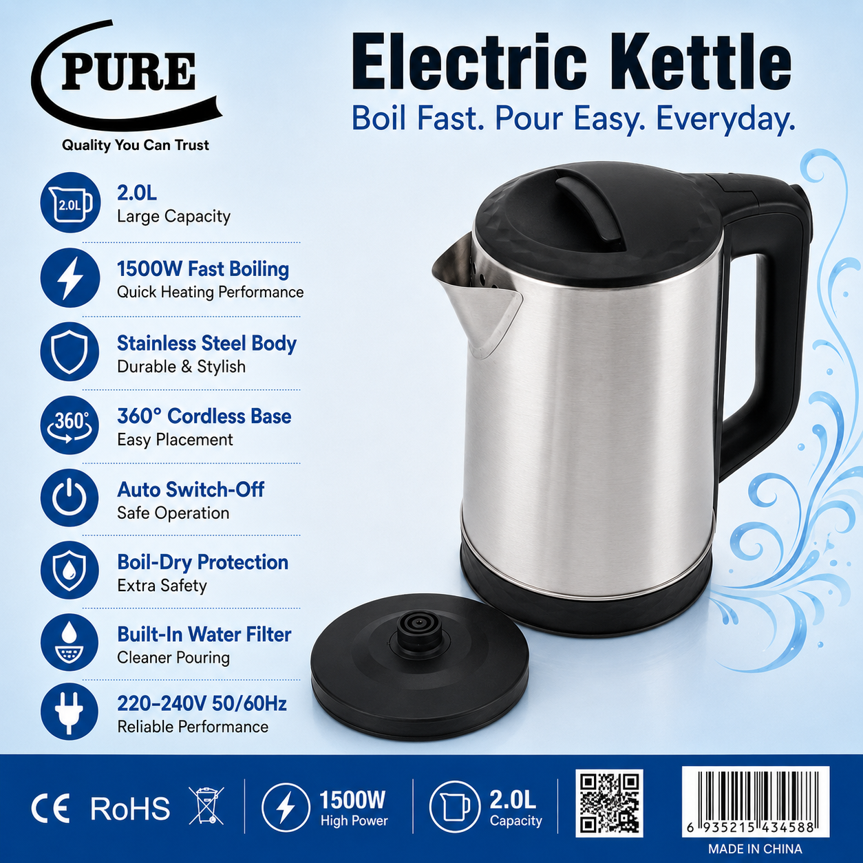 PURE Stainless Steel Electric Kettle with Auto Shut-Off – 2 L, 1500 W