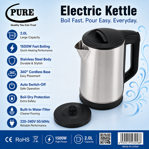 PURE Stainless Steel Electric Kettle with Auto Shut-Off – 2 L, 1500 W