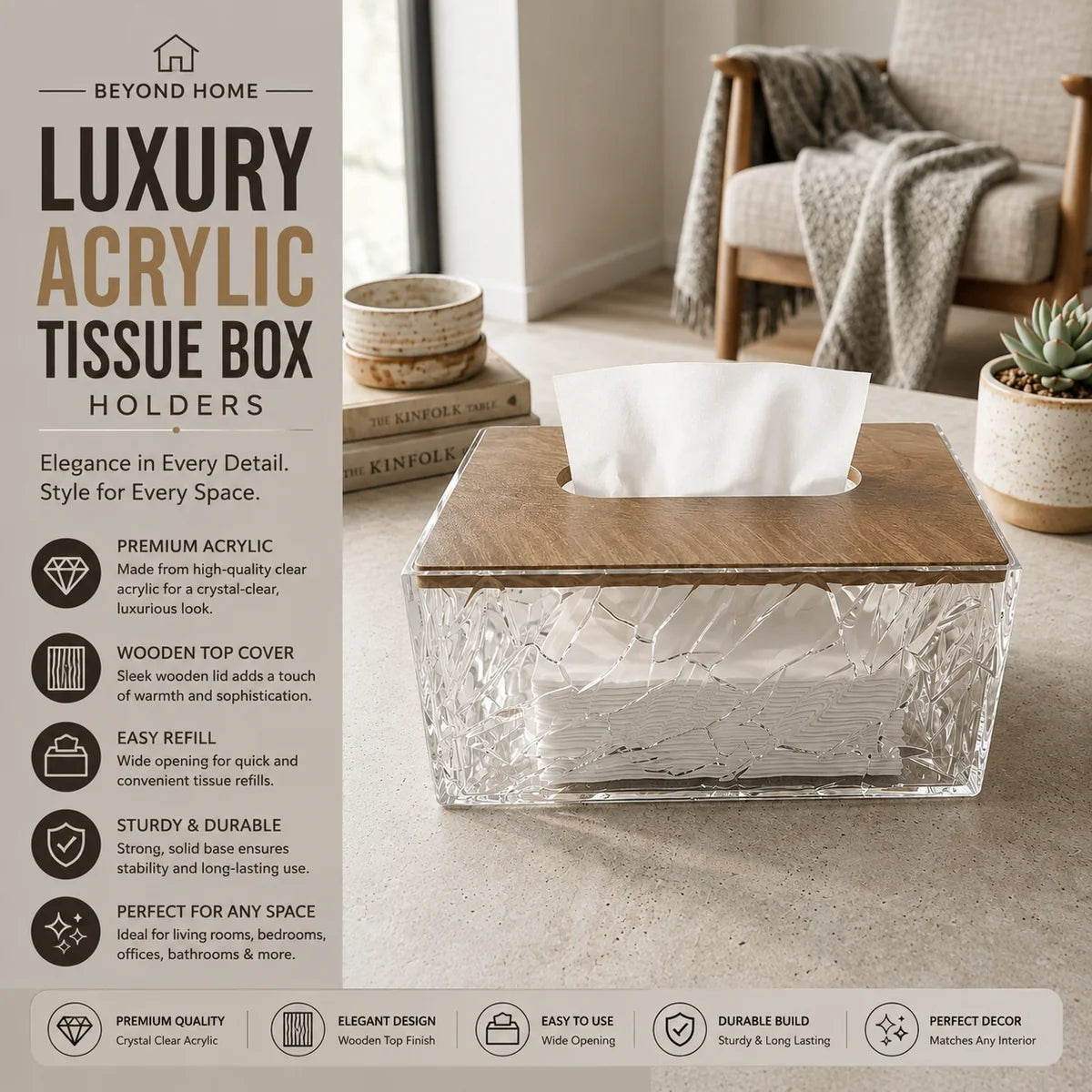 Luxury Acrylic Tissue Box Holder with Wooden Top – Gray | K2852