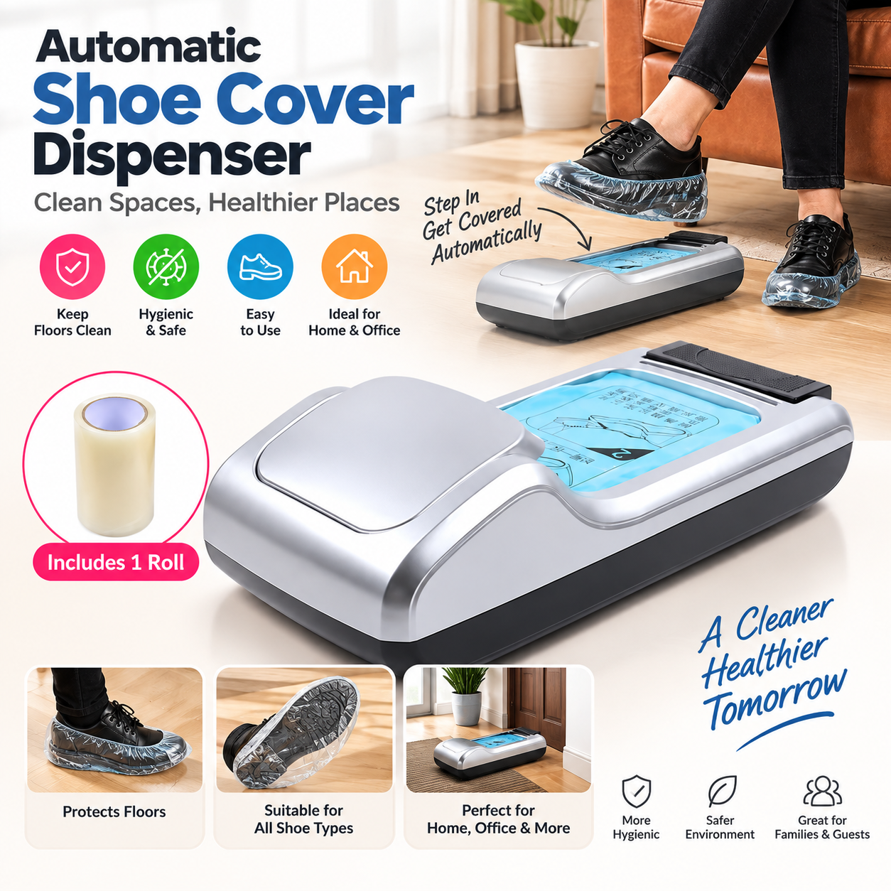 Automatic Mechanical Shoe Cover Dispenser with Foot Pedal Activation and Double Steel Film Cutter