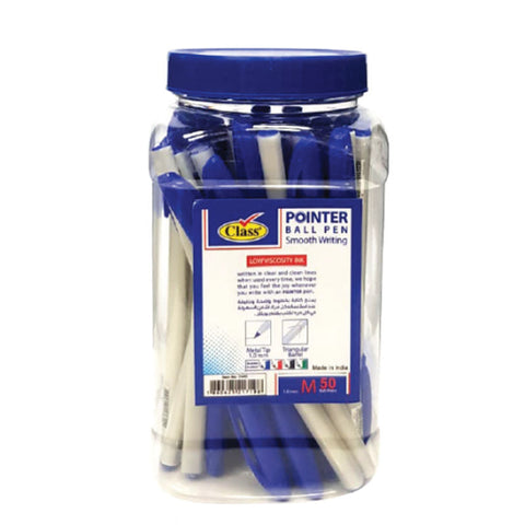 Jar of Class Pointer ball pens with blue caps on a white background