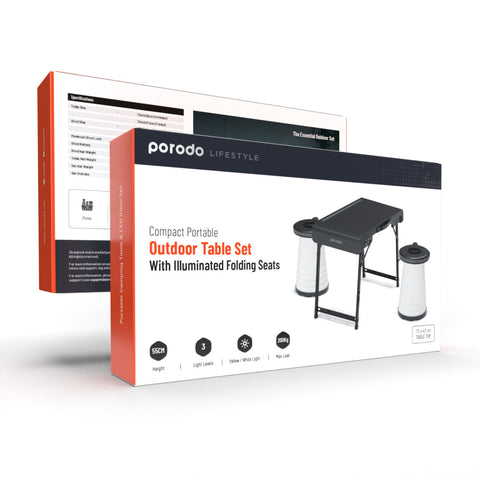 Porodo, Camping Foldable Desk and LED (White/Yellow) Stool Set