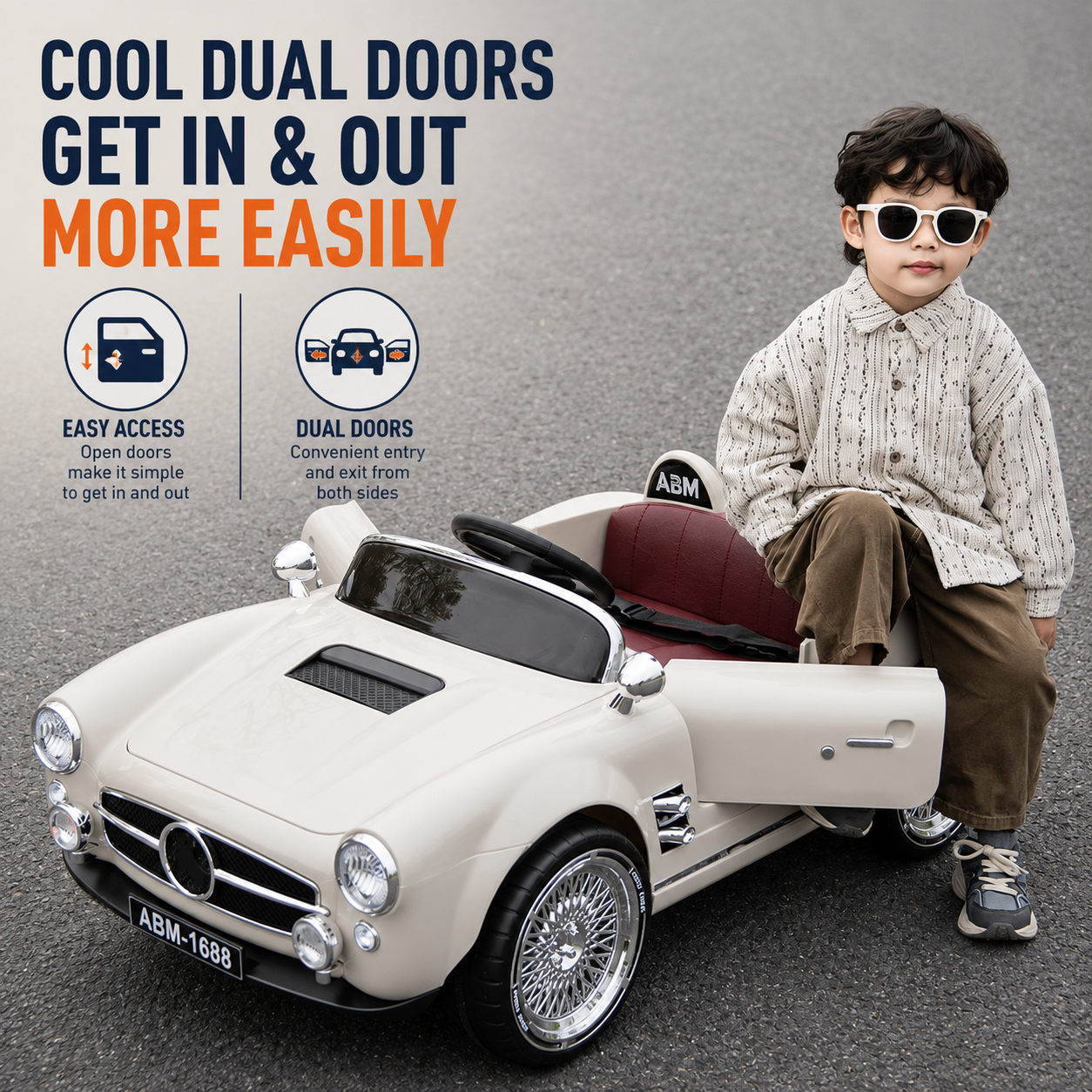 Premium 12V RC Kids Electric Ride-On Retro Car with Parent Remote Control, Music System, LED Lights, Soft Start, USB/AUX, Rechargeable Battery, 30Kg Load Capacity for Ages 3–8