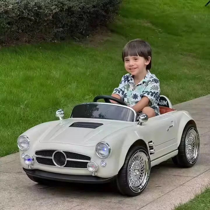 Premium 12V RC Kids Electric Ride-On Retro Car with Parent Remote Control, Music System, LED Lights, Soft Start, USB/AUX, Rechargeable Battery, 30Kg Load Capacity for Ages 3–8