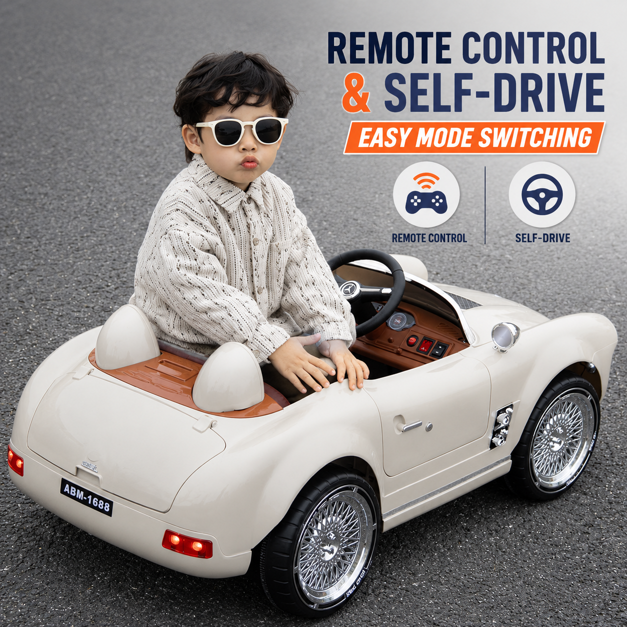 Premium 12V RC Kids Electric Ride-On Retro Car with Parent Remote Control, Music System, LED Lights, Soft Start, USB/AUX, Rechargeable Battery, 30Kg Load Capacity for Ages 3–8