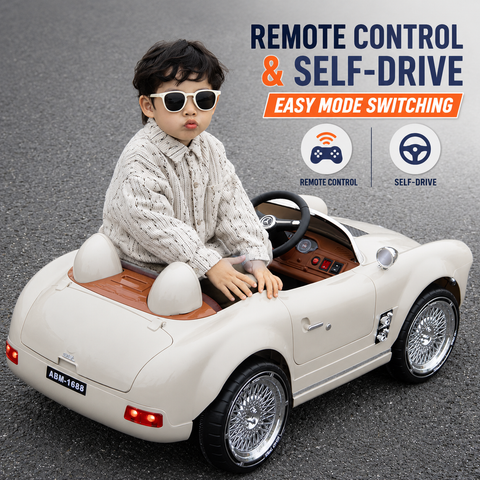Premium 12V RC Kids Electric Ride-On Retro Car with Parent Remote Control, Music System, LED Lights, Soft Start, USB/AUX, Rechargeable Battery, 30Kg Load Capacity for Ages 3–8