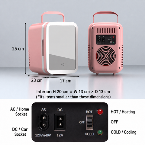 Premium 4L Portable Mini Fridge with HD Makeup Mirror & Touch-Control LED Light
