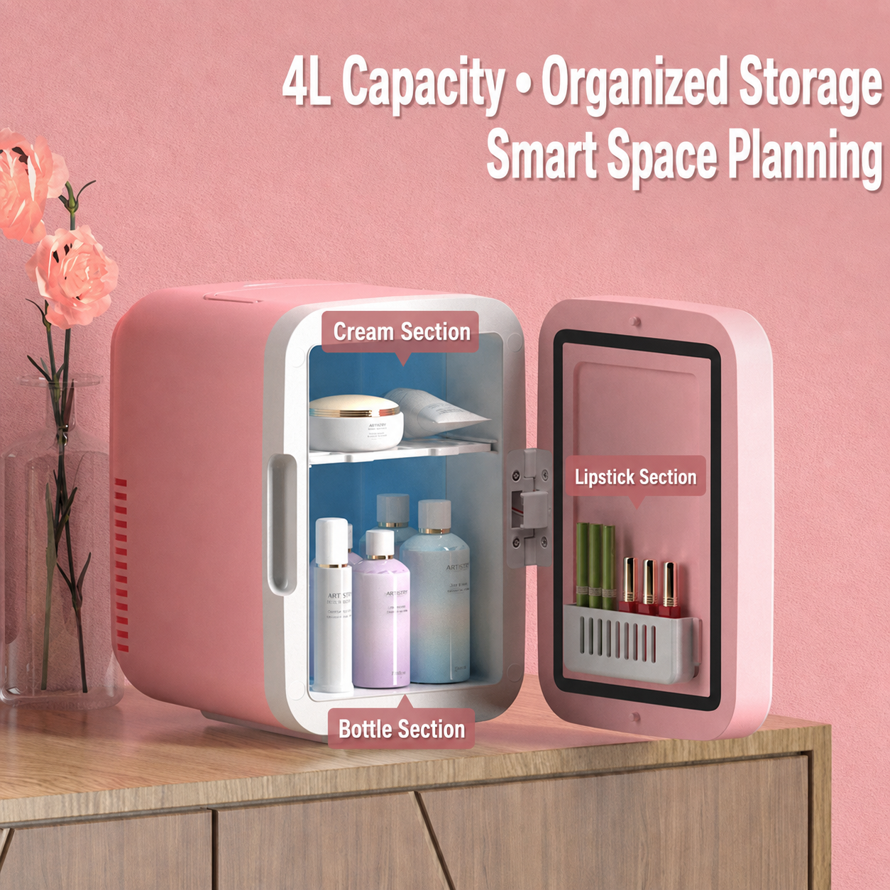 Premium 4L Portable Mini Fridge with HD Makeup Mirror & Touch-Control LED Light