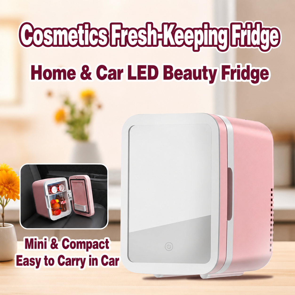 Premium 4L Portable Mini Fridge with HD Makeup Mirror & Touch-Control LED Light