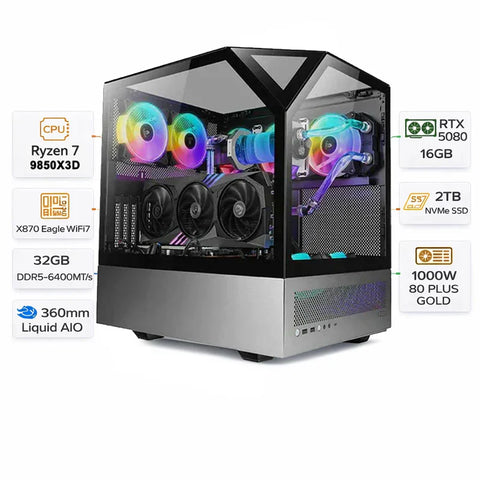 Custom Gaming PC, AMD Ryzen 7 9850X3D, RTX 5080 16GB GDDR7, 32GB DDR5, 2TB NVMe SSD, Windows 11 Pro