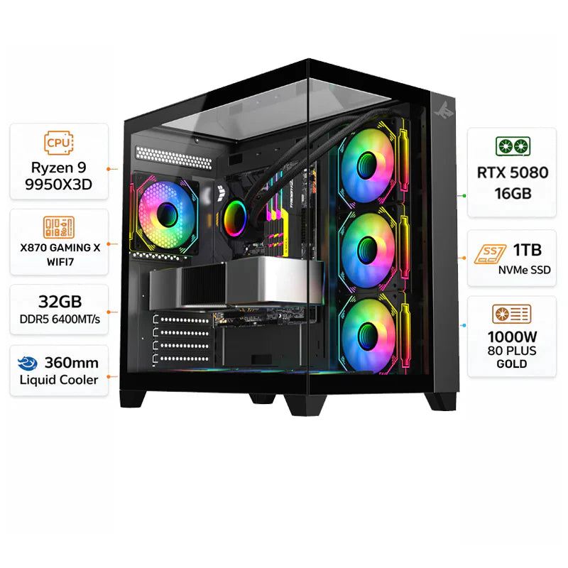 Custom Gaming PC, AMD Ryzen 9 9950X3D, RTX 5080 16GB GDDR7, 32GB DDR5 6400MHz, 1TB NVMe SSD, Windows 11 Pro