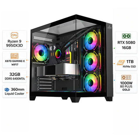 Custom Gaming PC, AMD Ryzen 9 9950X3D, RTX 5080 16GB GDDR7, 32GB DDR5 6400MHz, 1TB NVMe SSD, Windows 11 Pro
