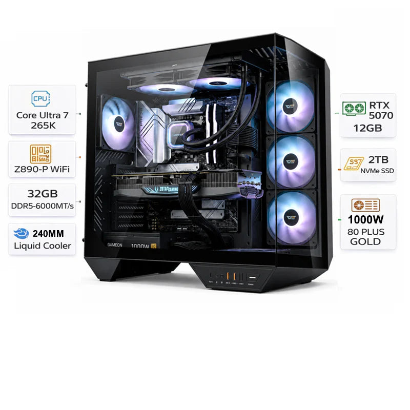Custom Gaming PC, Intel Core Ultra 7 265K, RTX 5070 12GB GDDR7, 32GB DDR5, 2TB NVMe SSD, Windows 11 Pro