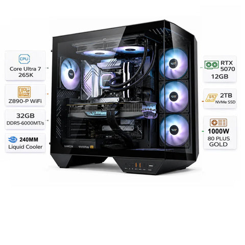 Custom Gaming PC, Intel Core Ultra 7 265K, RTX 5070 12GB GDDR7, 32GB DDR5, 2TB NVMe SSD, Windows 11 Pro