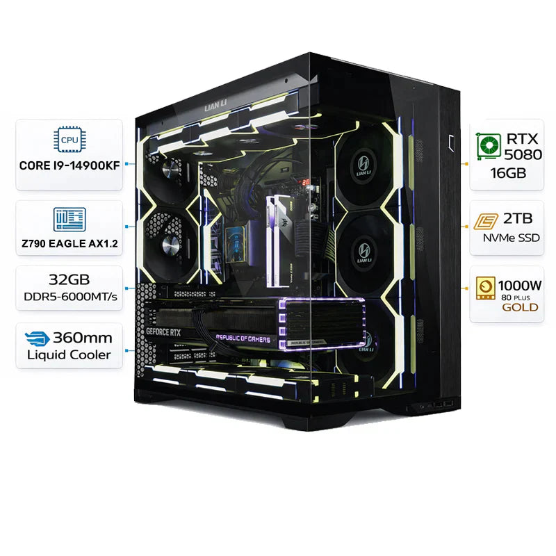 Custom Gaming PC, Intel Core i9-14900KF, RTX 5080 16GB GDDR7, 32GB DDR5, 2TB NVMe SSD, Windows 11 Pro
