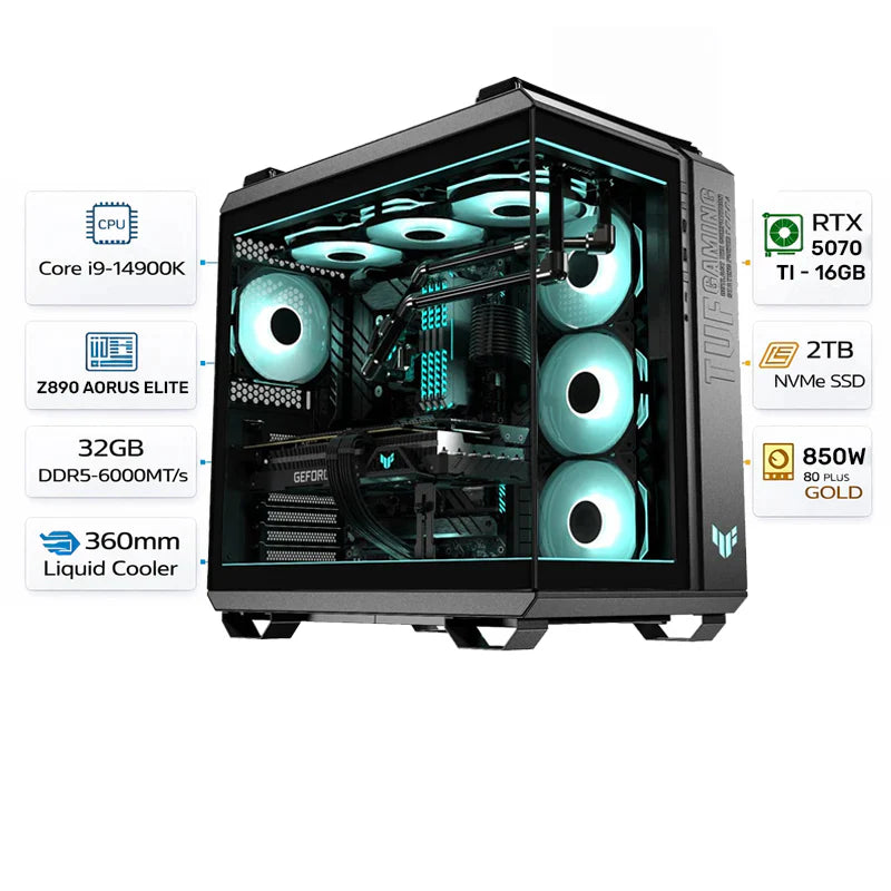 Custom Gaming PC, Intel Core i9-14900K, RTX 5070 Ti 16GB GDDR7, 32GB DDR5 6000MHz, 2TB NVMe SSD, Windows 11 Pro