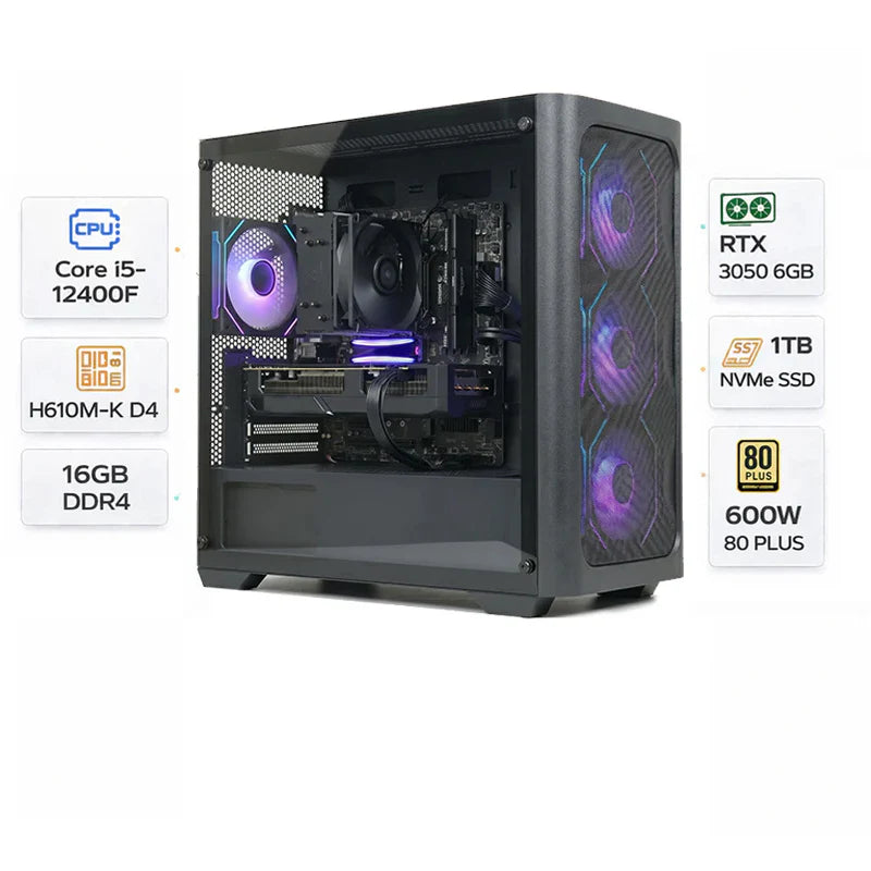 Custom Gaming PC with Intel Core i5-12400F, RTX 3050 6GB, 16GB RAM, 1TB NVMe SSD & Windows 11 Pro