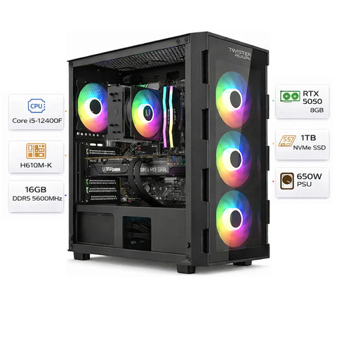 Custom Gaming PC with Intel Core i5-12400F, RTX 5050 8GB, 16GB DDR5 RAM, 1TB NVMe SSD & Windows 11 Pro