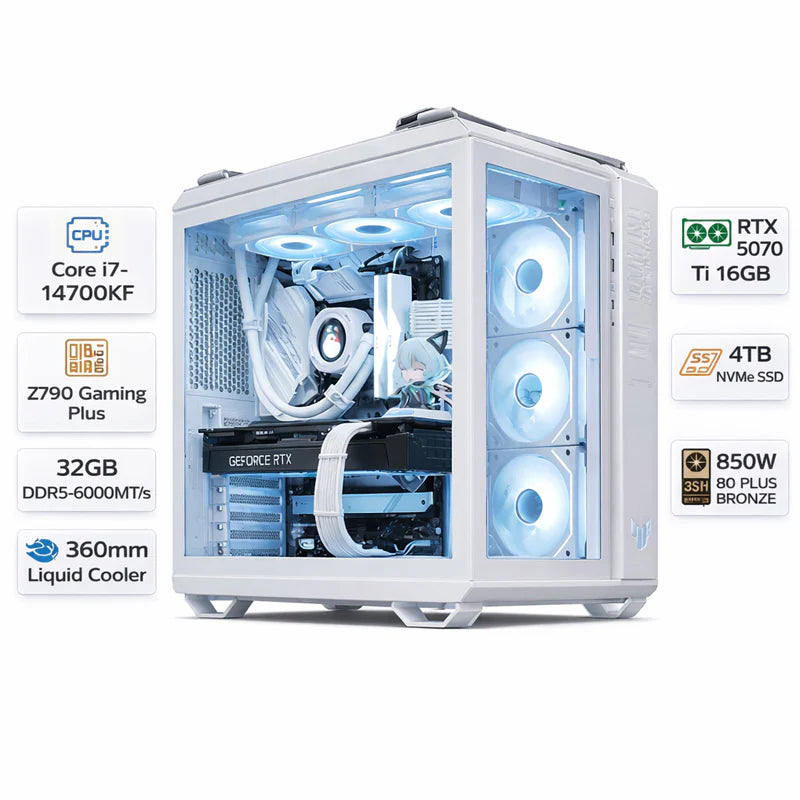 Custom Gaming PC with Intel Core i7-14700KF, RTX 5070 Ti 16GB OC, 32GB DDR5 RAM, 4TB NVMe SSD & Windows 11 Pro