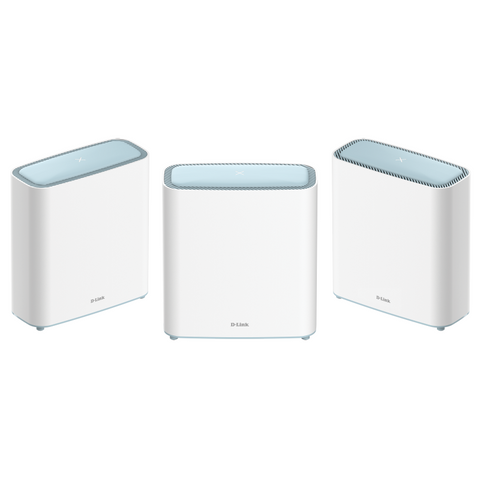 Three D-Link mesh routers on a white background