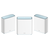 Three D-Link mesh routers on a white background