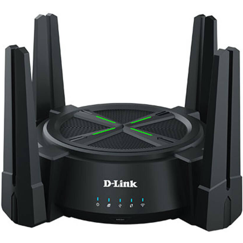 D-Link router with multiple antennas on a white background