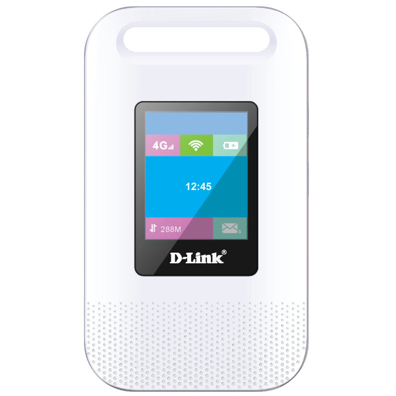 D-Link device with a screen displaying icons and time on a white background