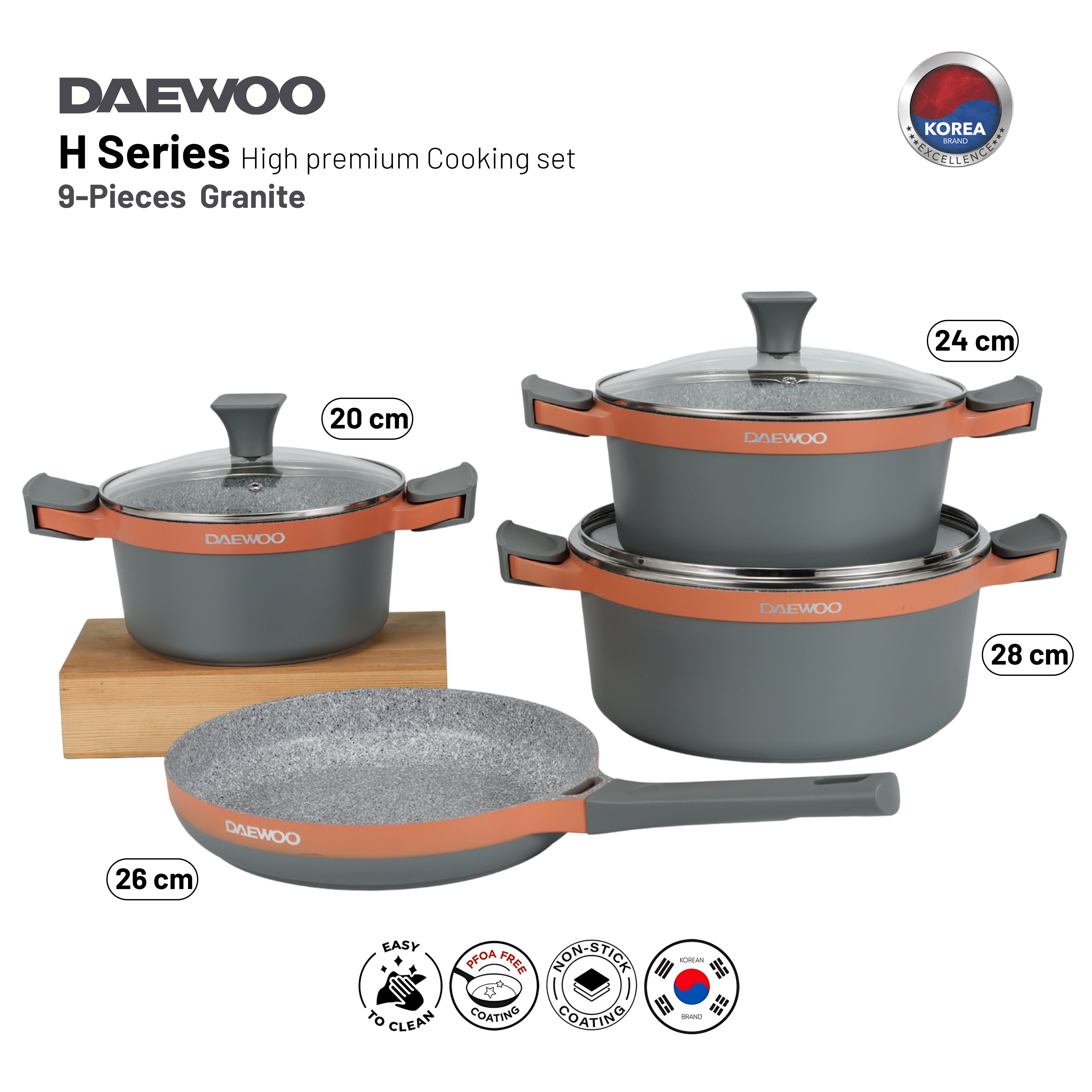 Daewoo H Series 9 Pcs Granite Cooking Set 28, 24, 20 cm Pot, 26 cm Pan with 2 Pcs of Utensil Tools