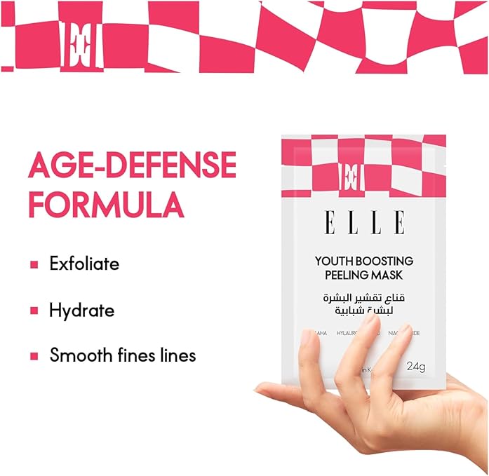 قناع تقشير ELLE Youth Boosting Peeling Mask - قناع مضاد للشيخوخة ومرطب ومفتح للوجه - غني بالببتيدات والنياسيناميد وحمض اللاكتيك وحمض الهيالورونيك لبشرة مشرقة وشابة - عبوة من 4 قطع