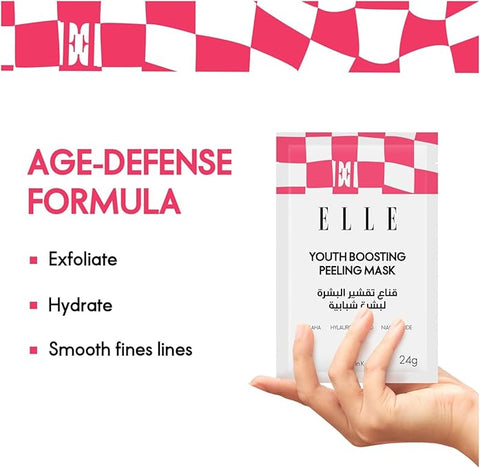 Korean ELLE Youth Boosting Peeling Mask – Anti-Aging, Hydrating & Brightening Face Mask – Packed with Peptides, Niacinamide, Lactic Acid and Hyaluronic Acid for Radiant, Youthful Skin- 4 Packs