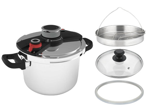 Daewoo 3-In-1 304  Stainless Steel Pressure Cooker 8L: [Save 70% Time] [3 PSI Settings], One-Hand Locking, Induction Compatible, Glass Lid & Steamer Rack Included