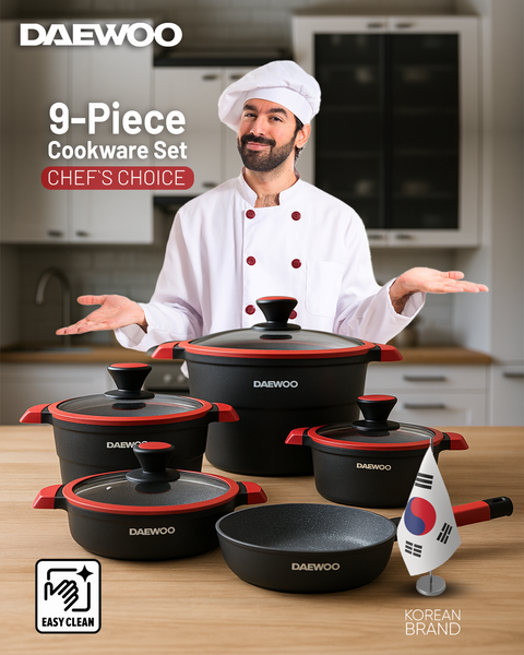 Daewoo X Series 9-Piece Granite Cooking Set - Black/Red