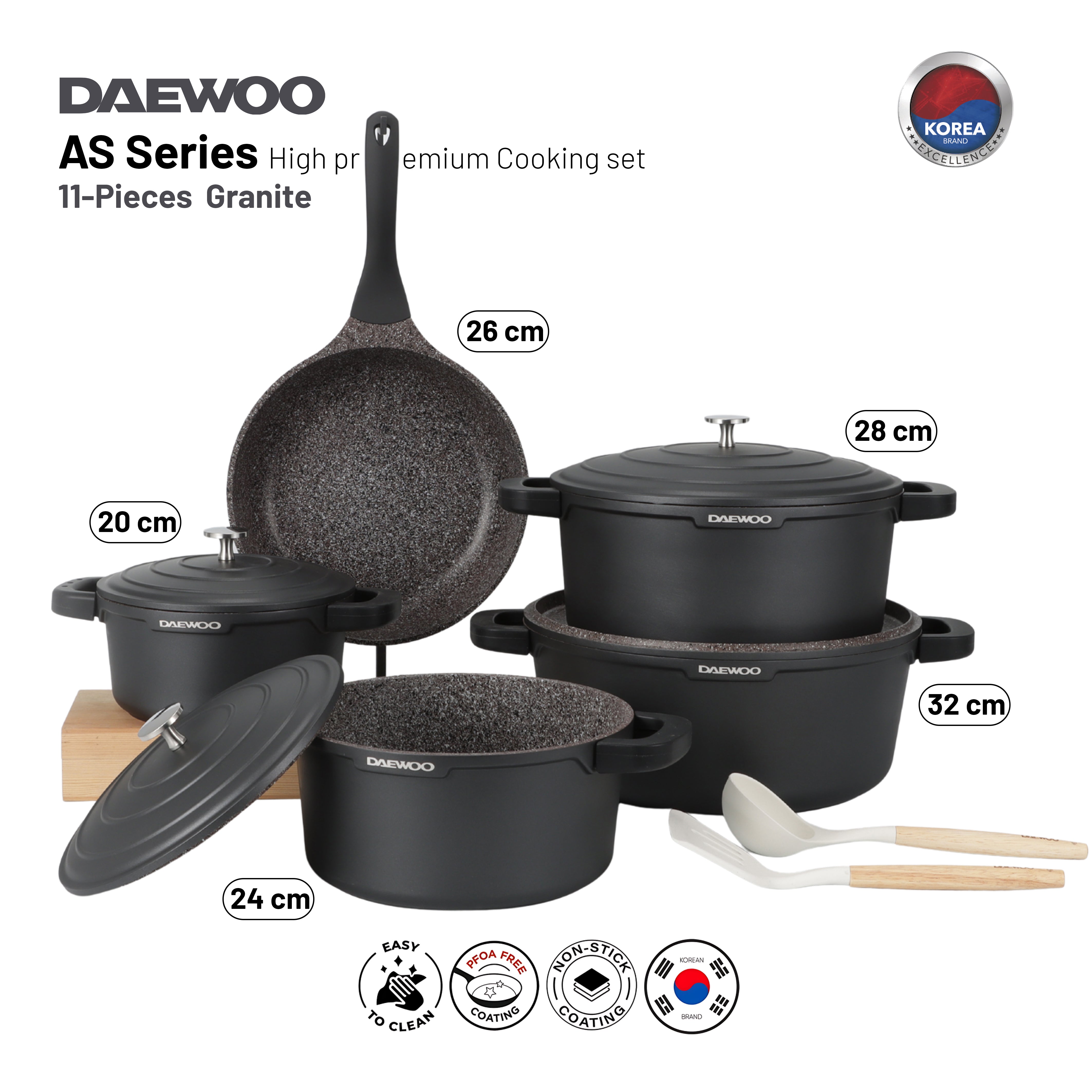 Daewoo AS Series Granite Cooking Set of 11 Pcs (32,28,24 cm Pot, 26 cm Pan, 20 cm Casserole) with 8 Pcs Silicone Pot Handle