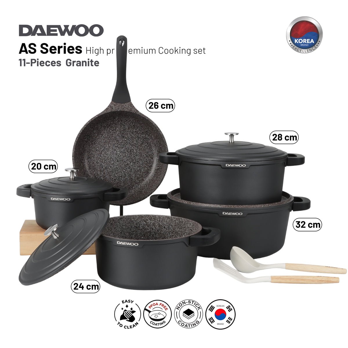 Daewoo AS Series Granite Cooking Set of 11 Pcs (32,28,24 cm Pot, 26 cm Pan, 20 cm Casserole) with 8 Pcs Silicone Pot Handle