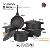 Daewoo AS Series Granite Cooking Set of 11 Pcs (32,28,24 cm Pot, 26 cm Pan, 20 cm Casserole) with 8 Pcs Silicone Pot Handle