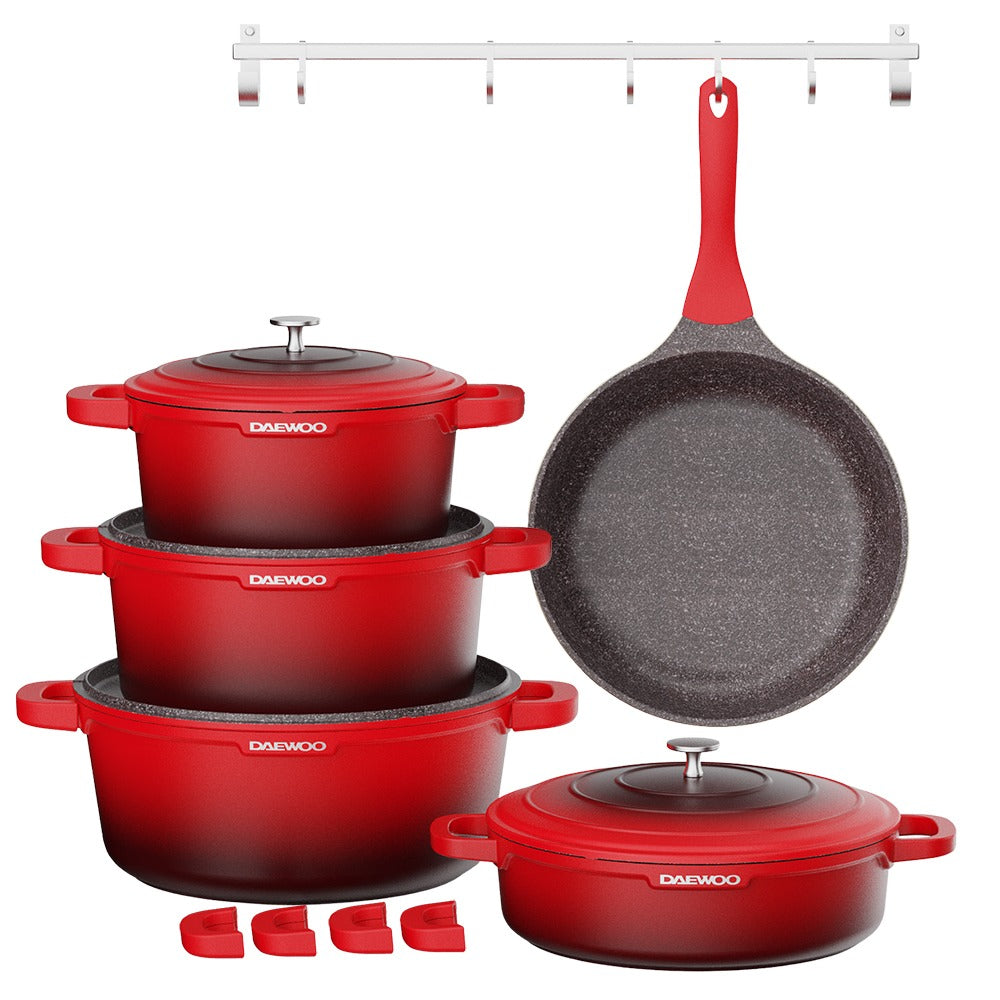 Daewoo TS Series Granite Cooking Set of 9 Pcs (32,28,24 cm Pot, 28 cm Pan, 28 cm  Casserole) with 4 Pcs Silicone Pot Handle - Red