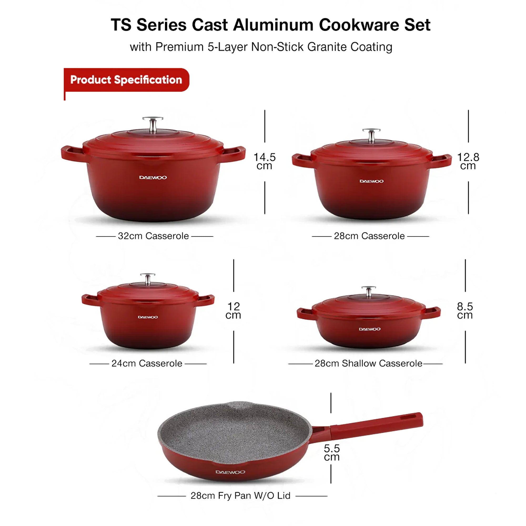 Daewoo TS Series Granite Cooking Set of 9 Pcs with 4 Pcs Silicone Pot Handle - Red