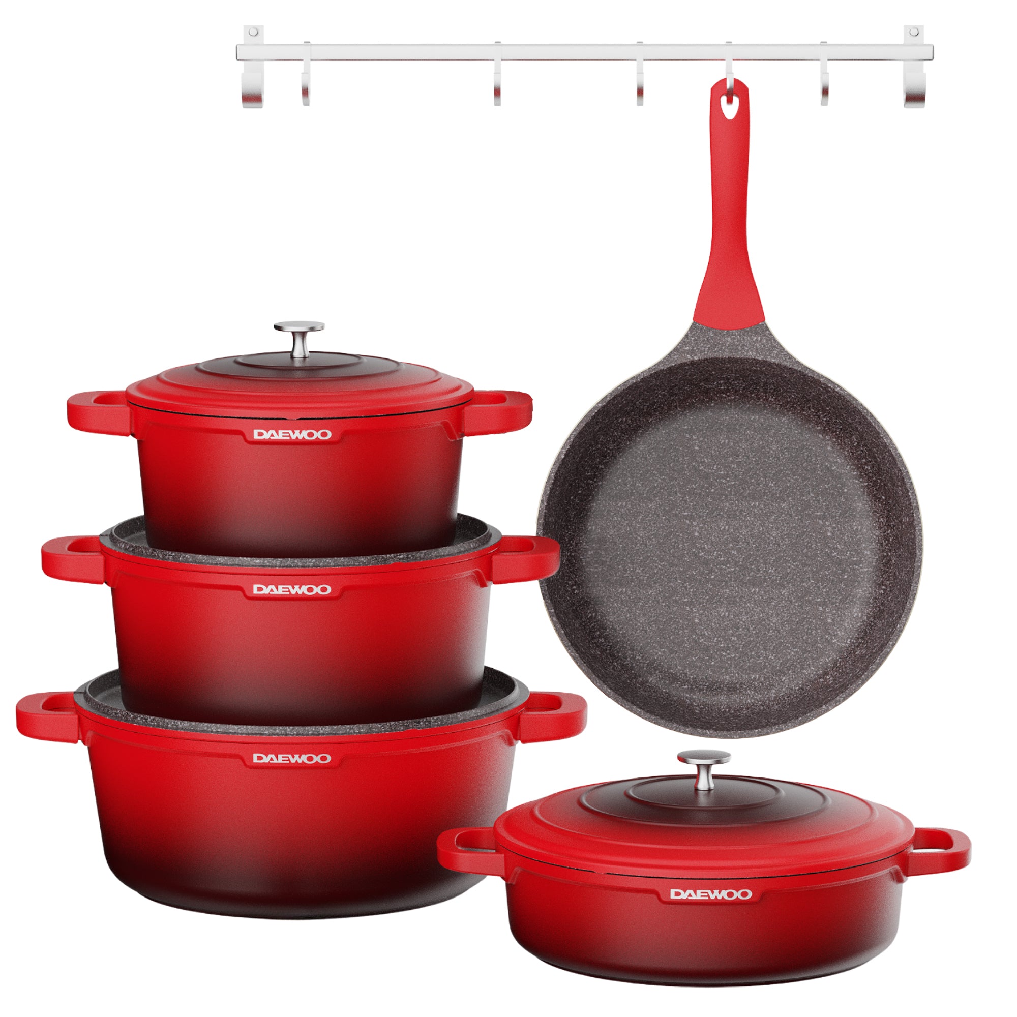Daewoo TS Series Granite Cooking Set of 9 Pcs with 4 Pcs Silicone Pot Handle - Red