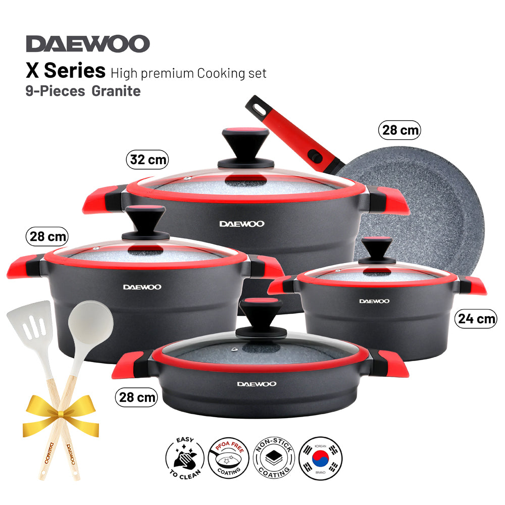 Daewoo X Series 9-Piece Granite Cooking Set (32,28,24 cm Pot, 28 cm Pan, 28 cm  Casserole)  with Free 2 Pcs of Utensil Tools