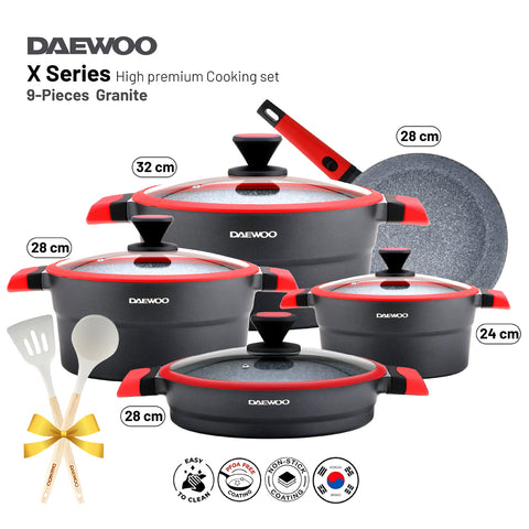 Daewoo X Series 9-Piece Granite Cooking Set (32,28,24 cm Pot, 28 cm Pan, 28 cm  Casserole)  with Free 2 Pcs of Utensil Tools