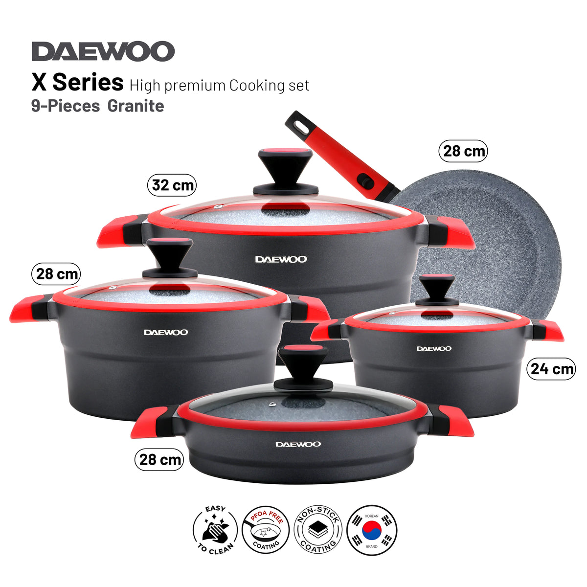 Daewoo X Series 9-Piece Granite Cooking Set - Black/Red