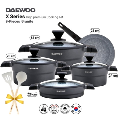 Daewoo X Series Non-Stick Granite Coating Cookware Set Of 9 (32,28,24 cm Pot, 28 cm Pan, 28 cm  Casserole) with Free 2 Pcs of Utensil Tools