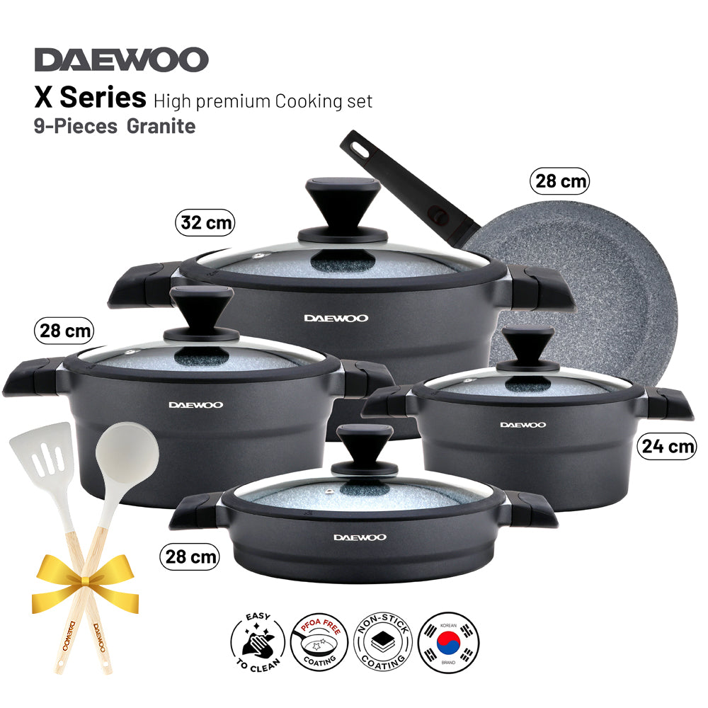 Daewoo X Series Non-Stick Granite Coating Cookware Set Of 9 (32,28,24 cm Pot, 28 cm Pan, 28 cm  Casserole) with Free 2 Pcs of Utensil Tools