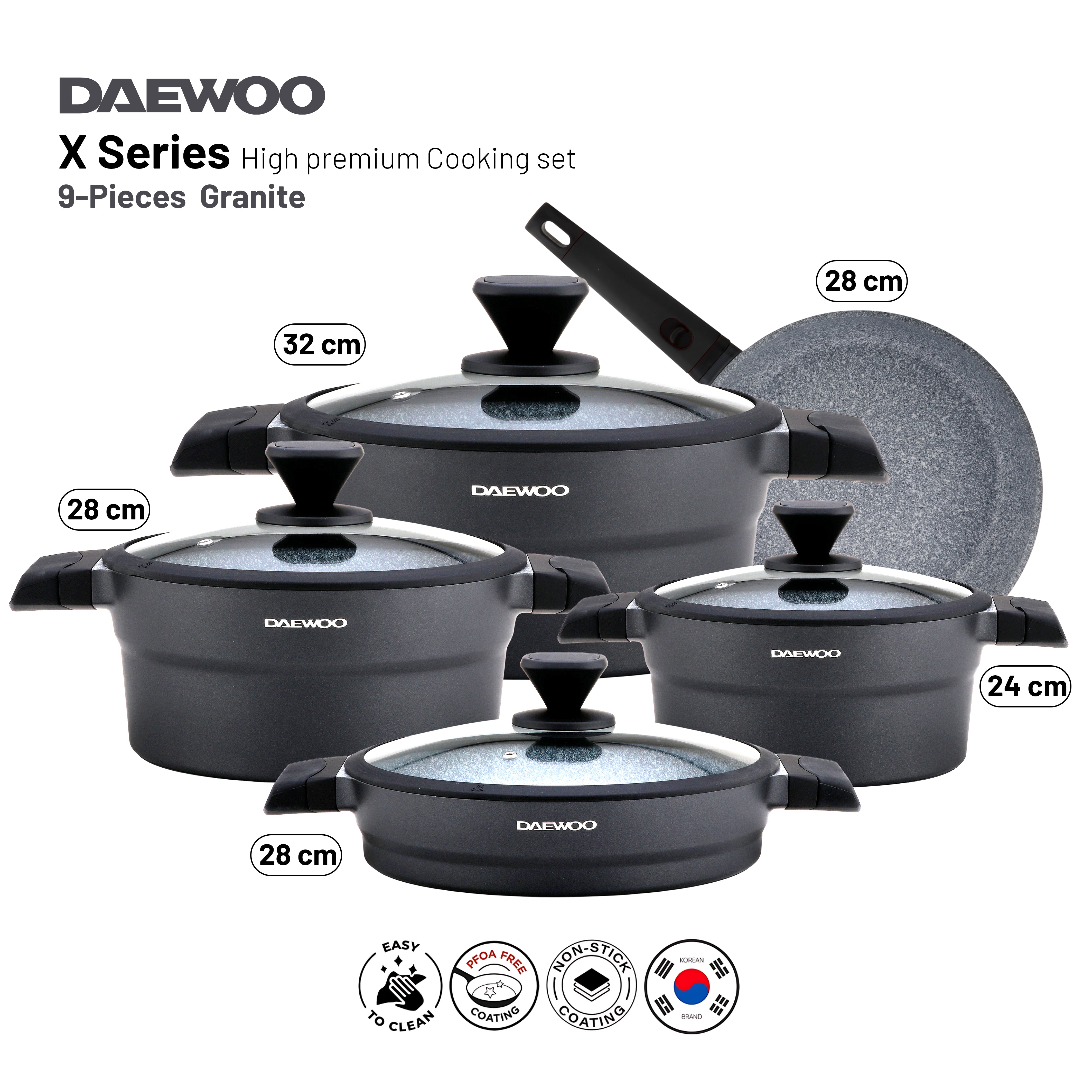 Daewoo X Series Non-Stick Granite Coating Cookware Set Of 9 - Black