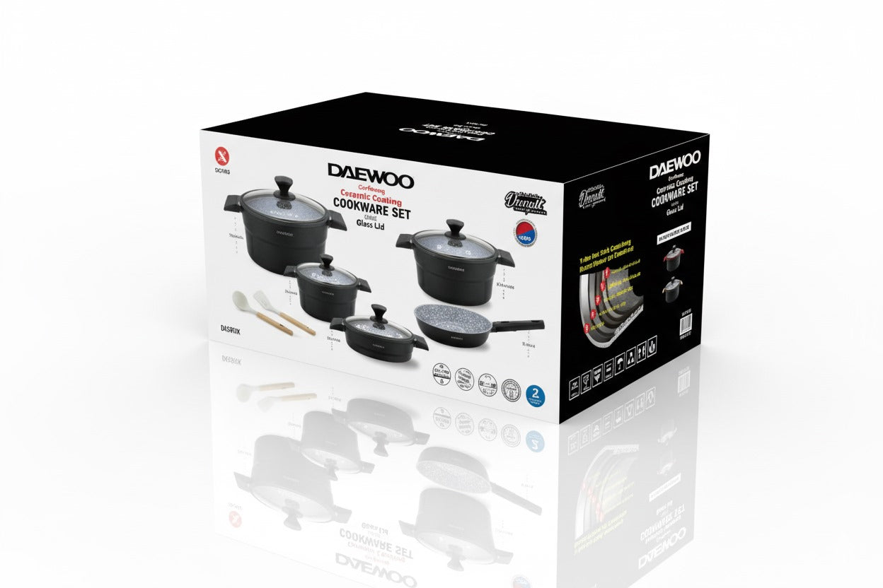 Daewoo X Series Non-Stick Granite Coating Cookware Set Of 11 pcs (32,28,24 cm Pot, 28 cm Pan, 28 cm  Casserole), 2 Pcs of Utensil Tools - Black