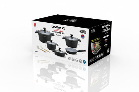 Daewoo X Series Non-Stick Granite Coating Cookware Set Of 11 pcs (32,28,24 cm Pot, 28 cm Pan, 28 cm  Casserole), 2 Pcs of Utensil Tools - Black